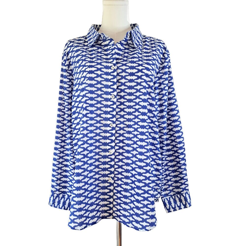 Ro's Garden Tuckernuck Blue White Print Cotton Button Down Shirt Blouse Medium M